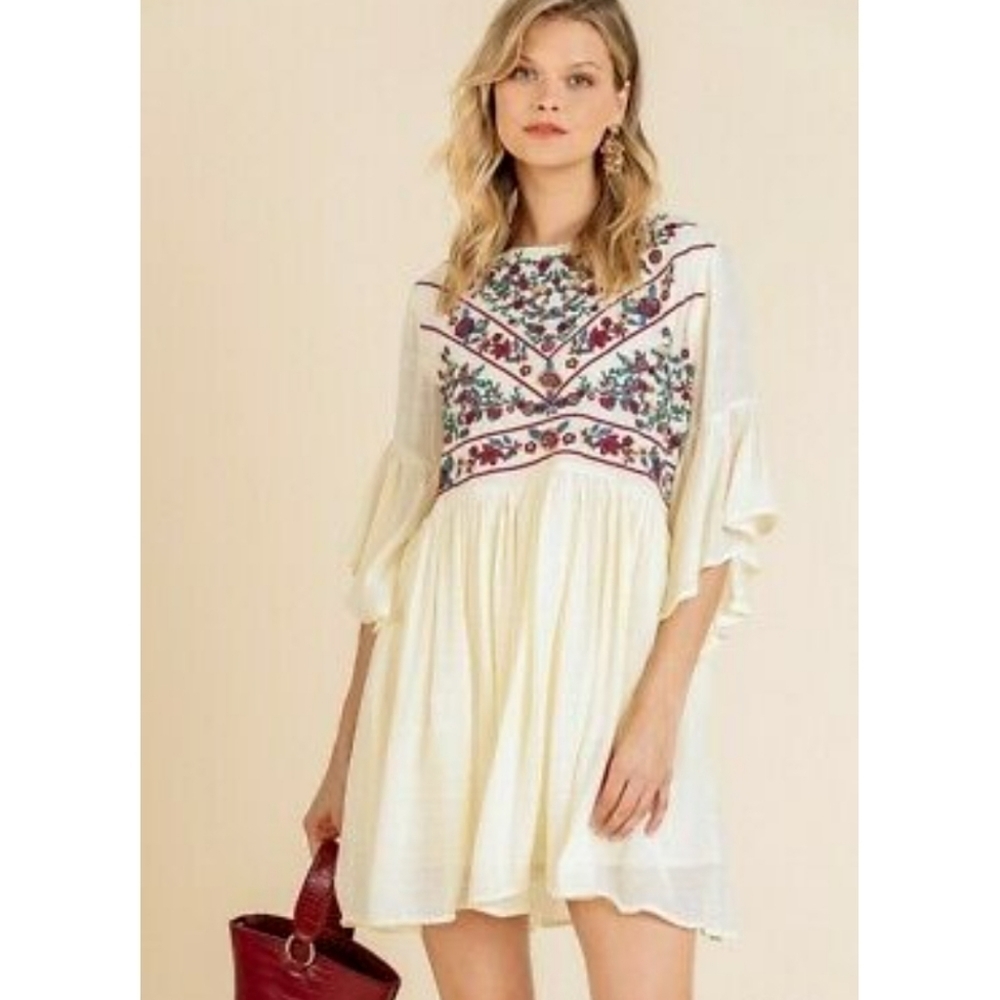 Umgee Floral Embroidered Ruffle Sleeve Cream Mini Dress